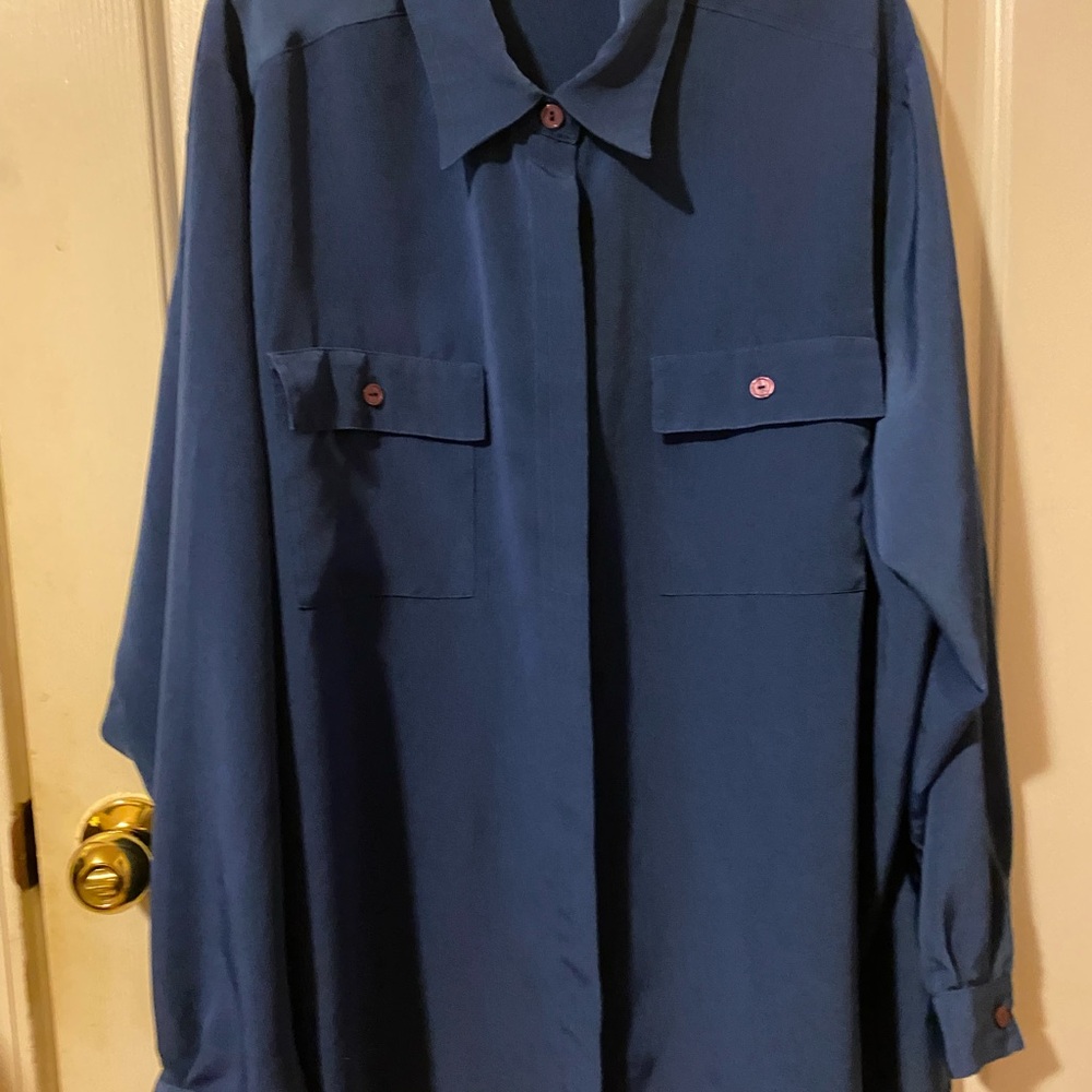 Elegant Blue Blouse with Pink Button Details